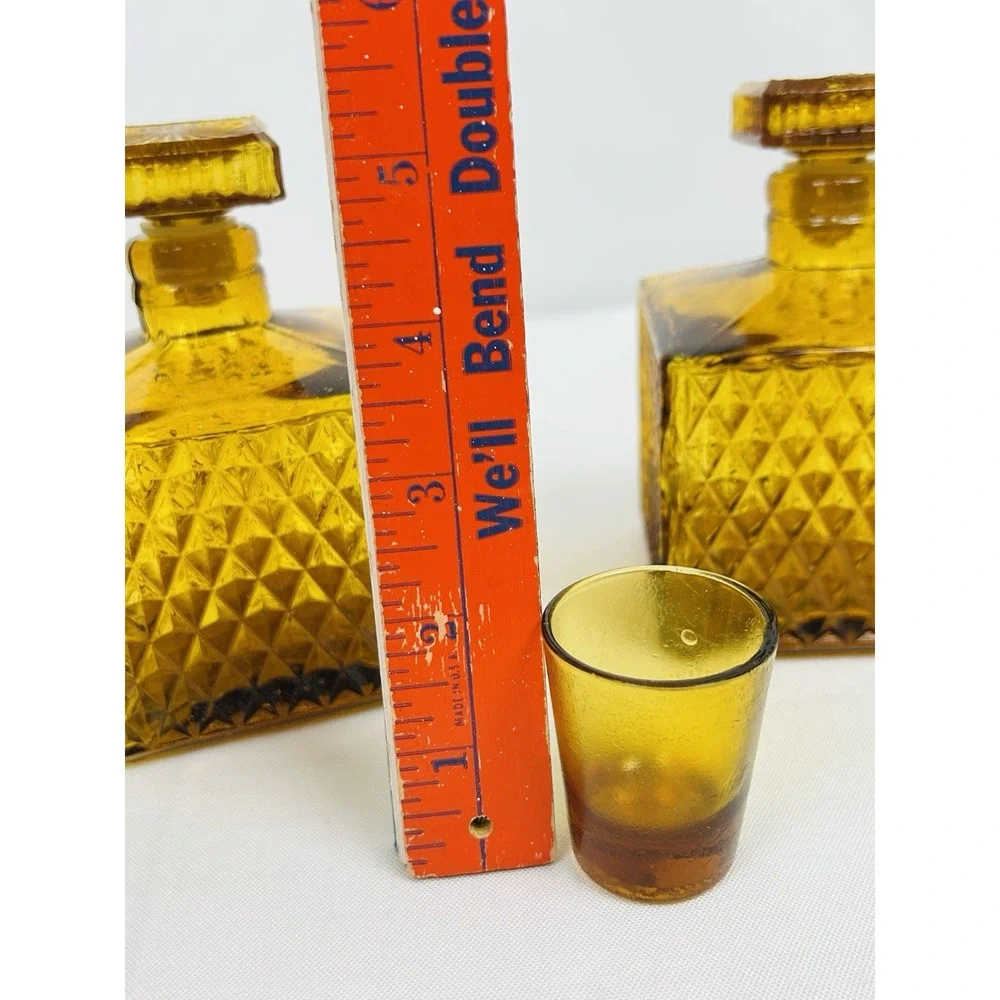 Vintage Amber Square Diamond Point Decanters Glass Stopper Shot Glass MCM Set